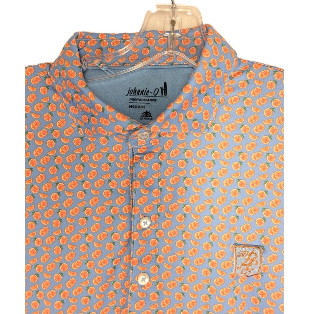 Johnnie O Performance Polo Shirt Mens Medium Blue Orange Citrus Print UPF 50